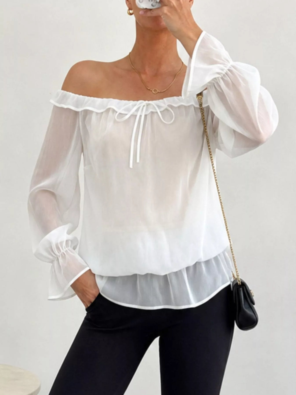 Off-shoulder Flounce Sleeve Chiffon Blouse (9)