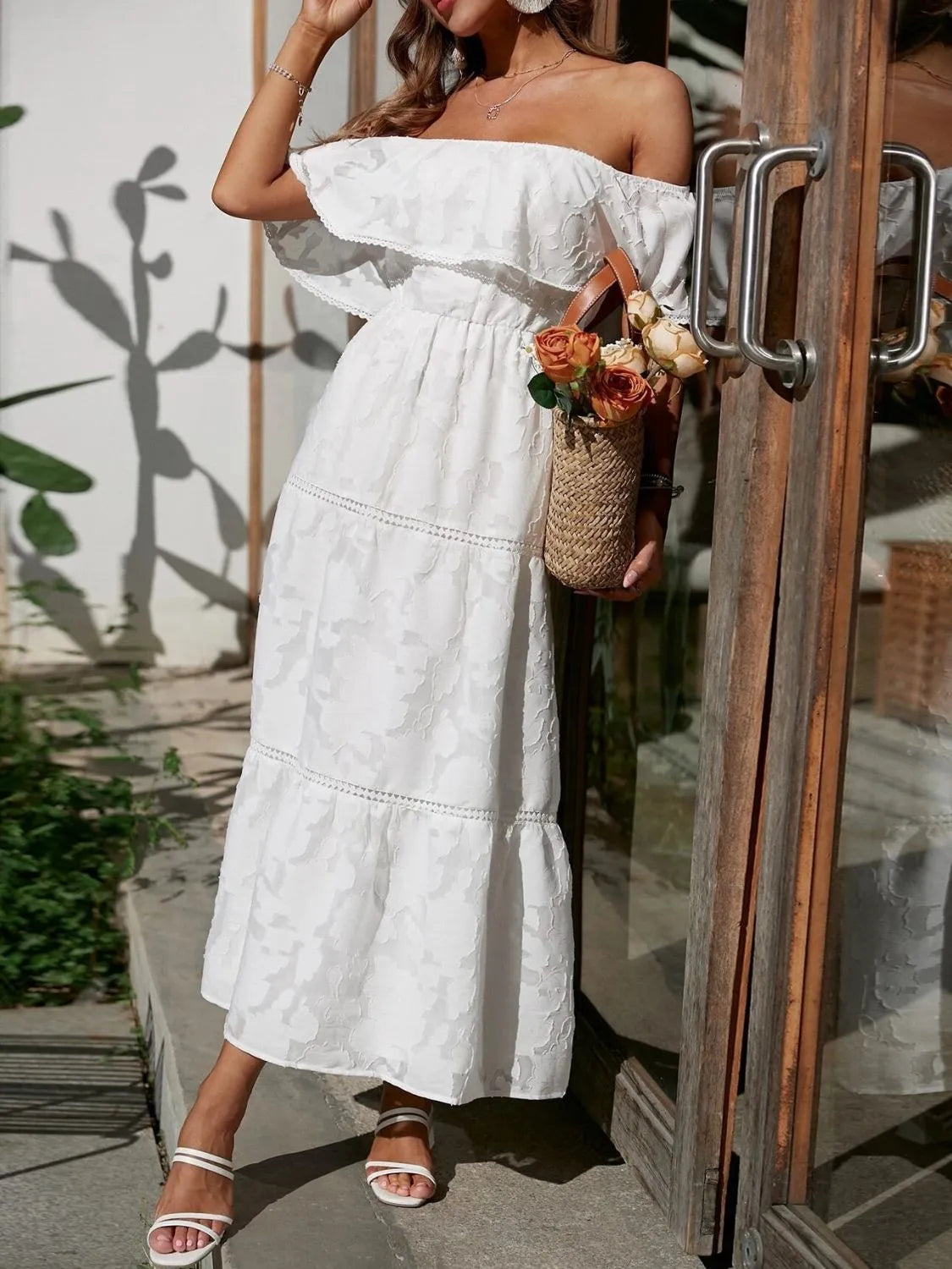 Ruched Off Shoulder Short Sleeve Midi Dress (3)