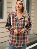 Drawstring Plaid Hooded Long Sleeve Top (17)