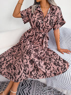Printed Collared Neck Short Sleeve Tie Waist Dress (5)