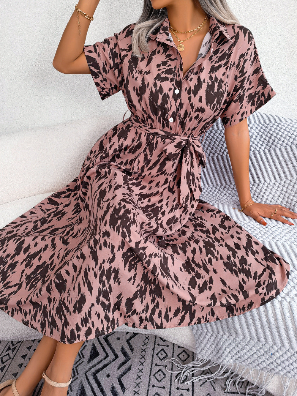 Printed Collared Neck Short Sleeve Tie Waist Dress (5)