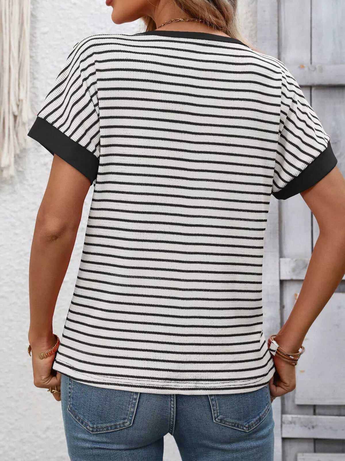 Striped Ribbed Knit Short Sleeve T-shirt (10)