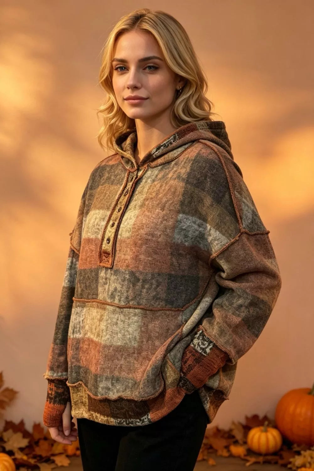 Full Size Plaid Dropped Shoulder Fleece Hoodie Plus (2)