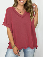 Cord Ribbed V-neck Short Sleeve T-shirt (8)
