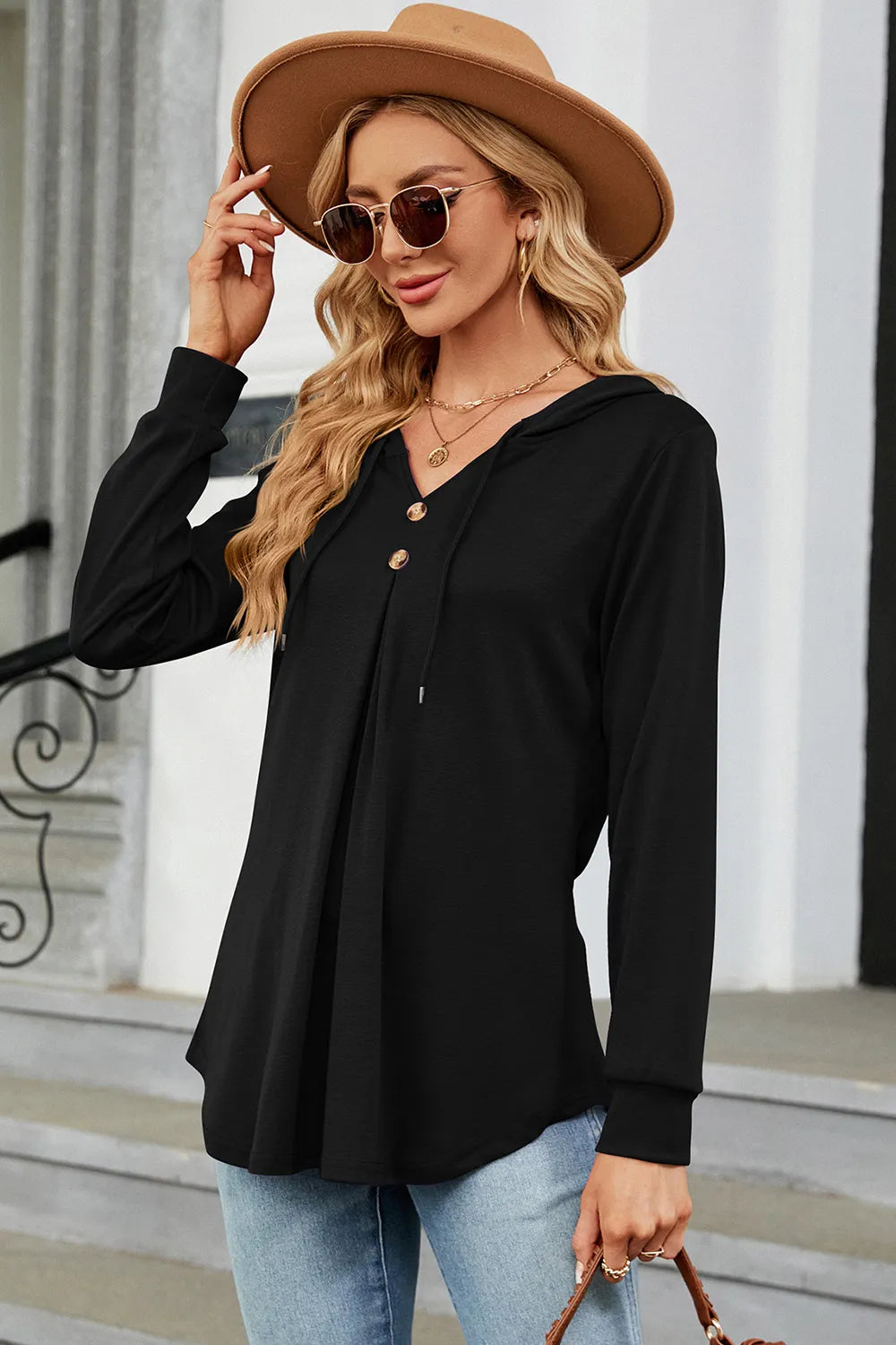 Decorative Button Drawstring Long Sleeve Hoodie (5)
