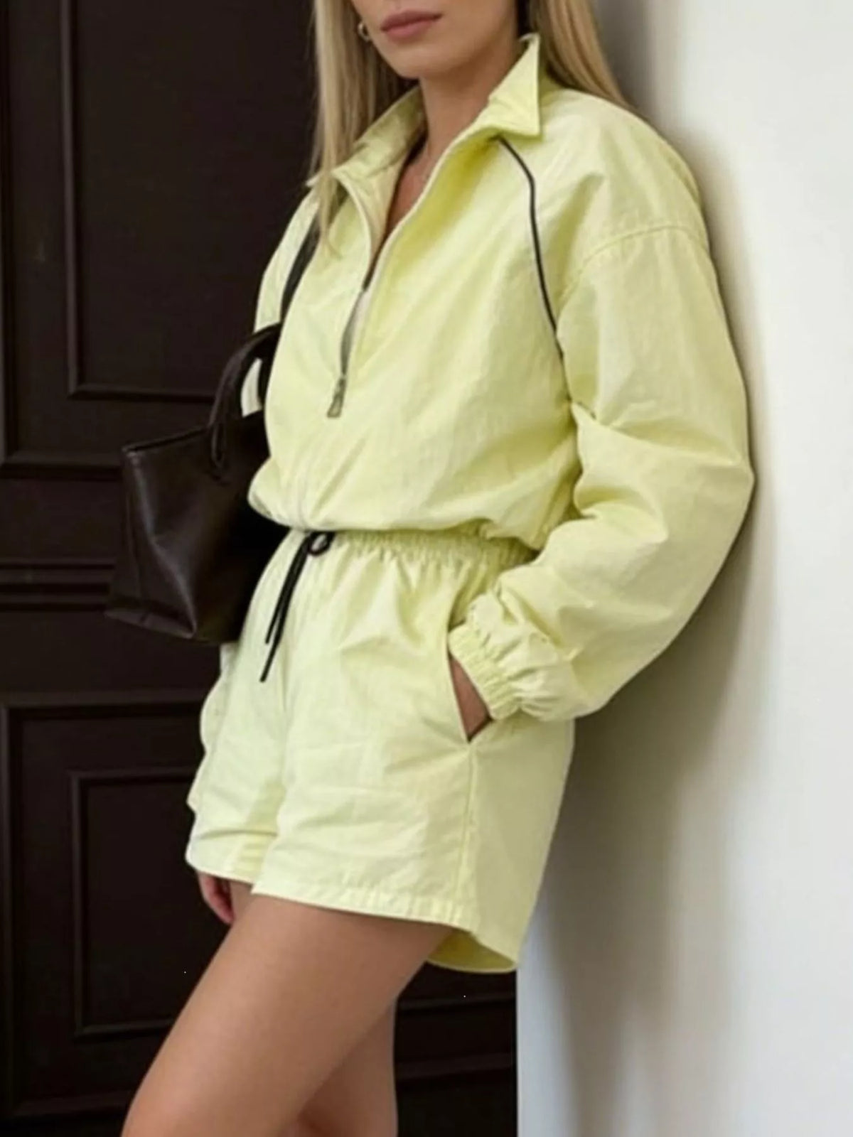 Zip Up Long Sleeve Outerwear Shorts Set (13)