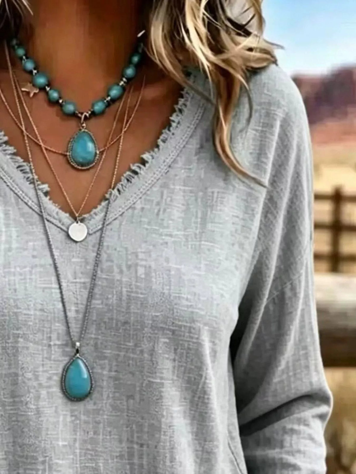 V-neck Long Sleeve Blouse Frayed Hem Detail (4)