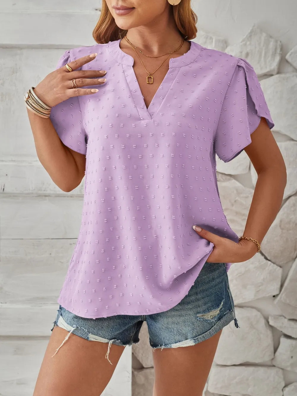 Swiss Dot Notched Petal Sleeve T-shirt (5)