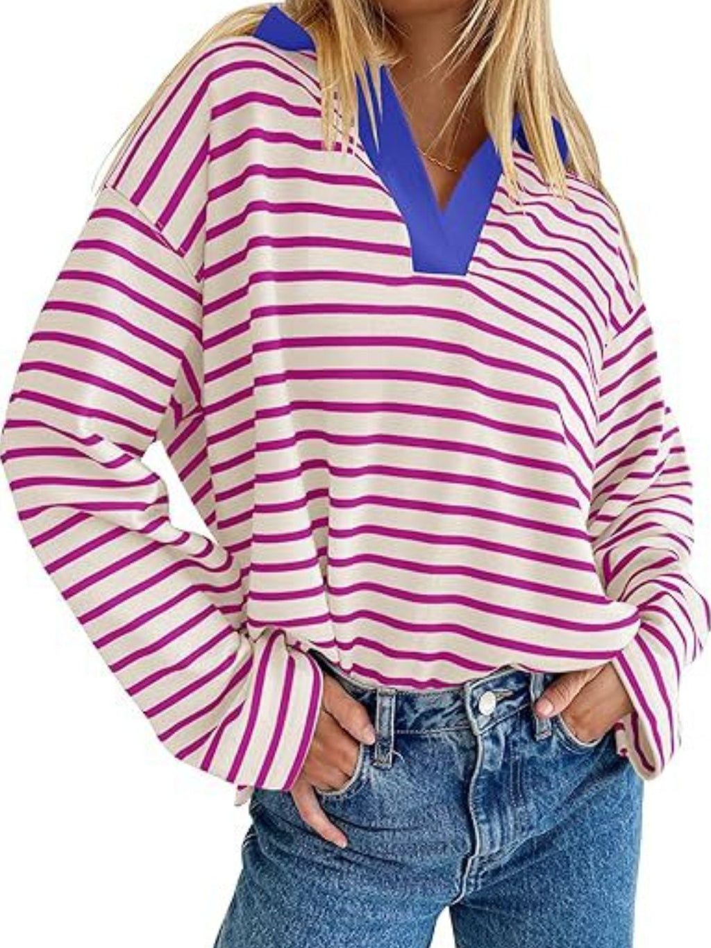 Striped Contrast Collar Long Sleeve Top (6)