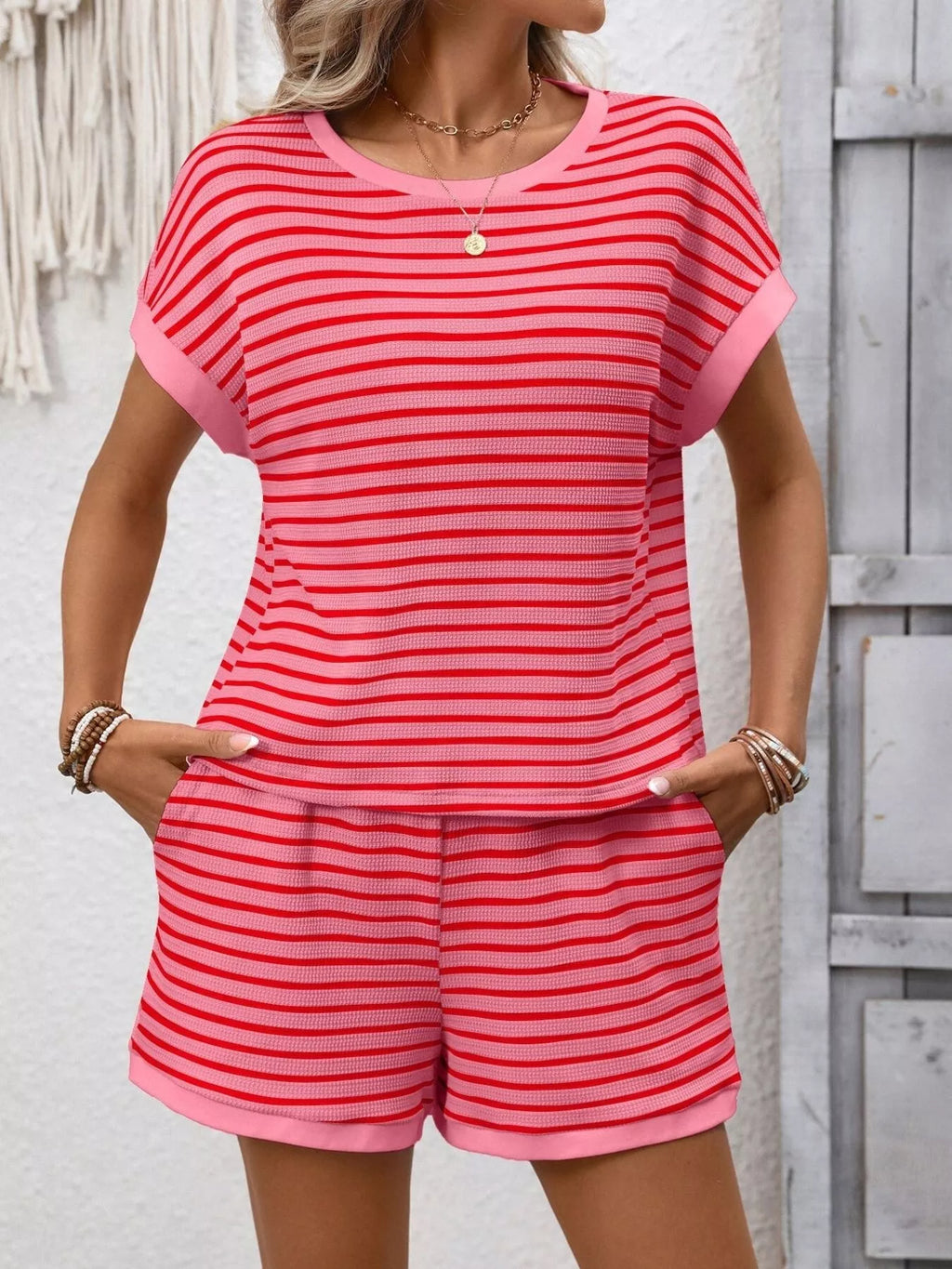 Striped Casual Round Neck Top Shorts Set (7)