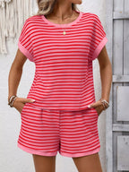 Striped Casual Round Neck Top Shorts Set (7)