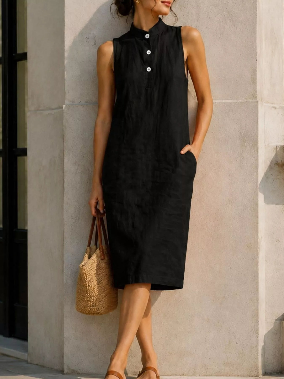 Button Detail Sleeveless Midi Dress (4)