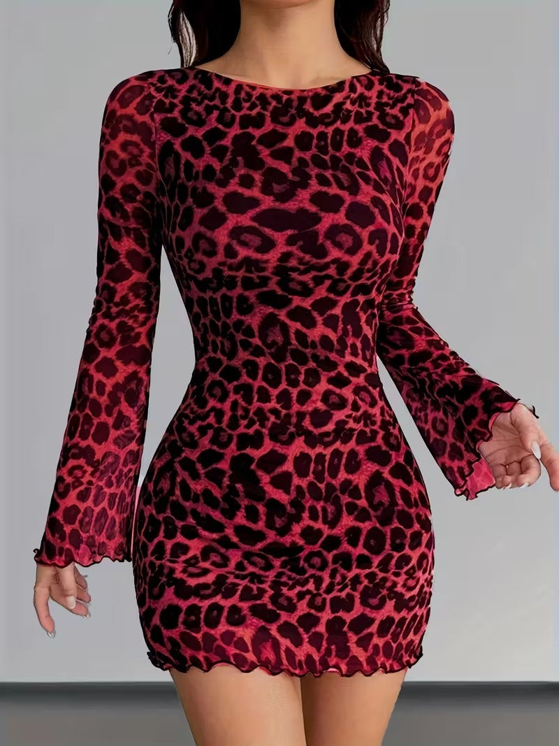 Leopard Print Round Neck Mesh Skirt photo 3
