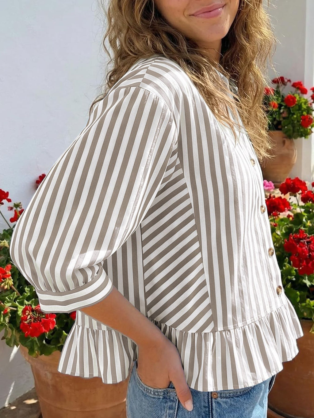 Striped Ruffle Hem Button-down Shirt (18)
