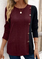 Block Ribbed Knit Decor Button T-shirt (13)