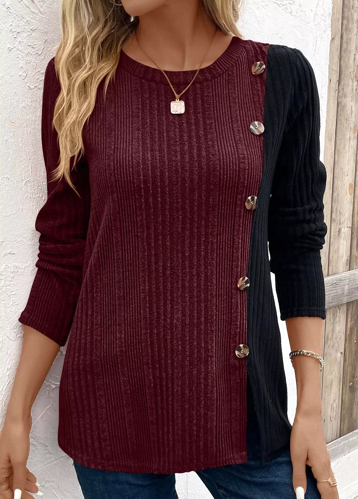 Block Ribbed Knit Decor Button T-shirt (13)