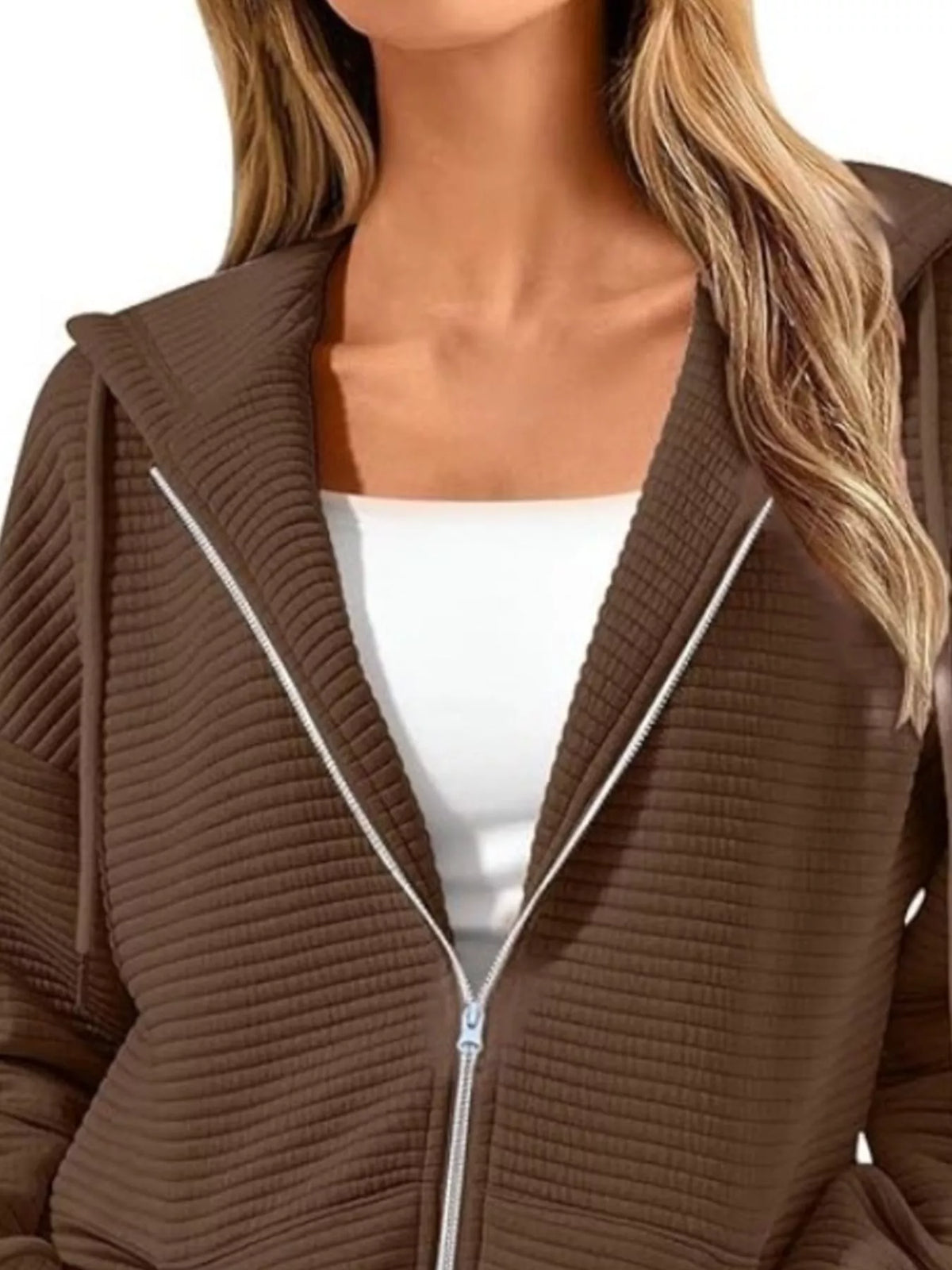 Drawstring Zip Up Dropped Shoulder Hoodie (9)