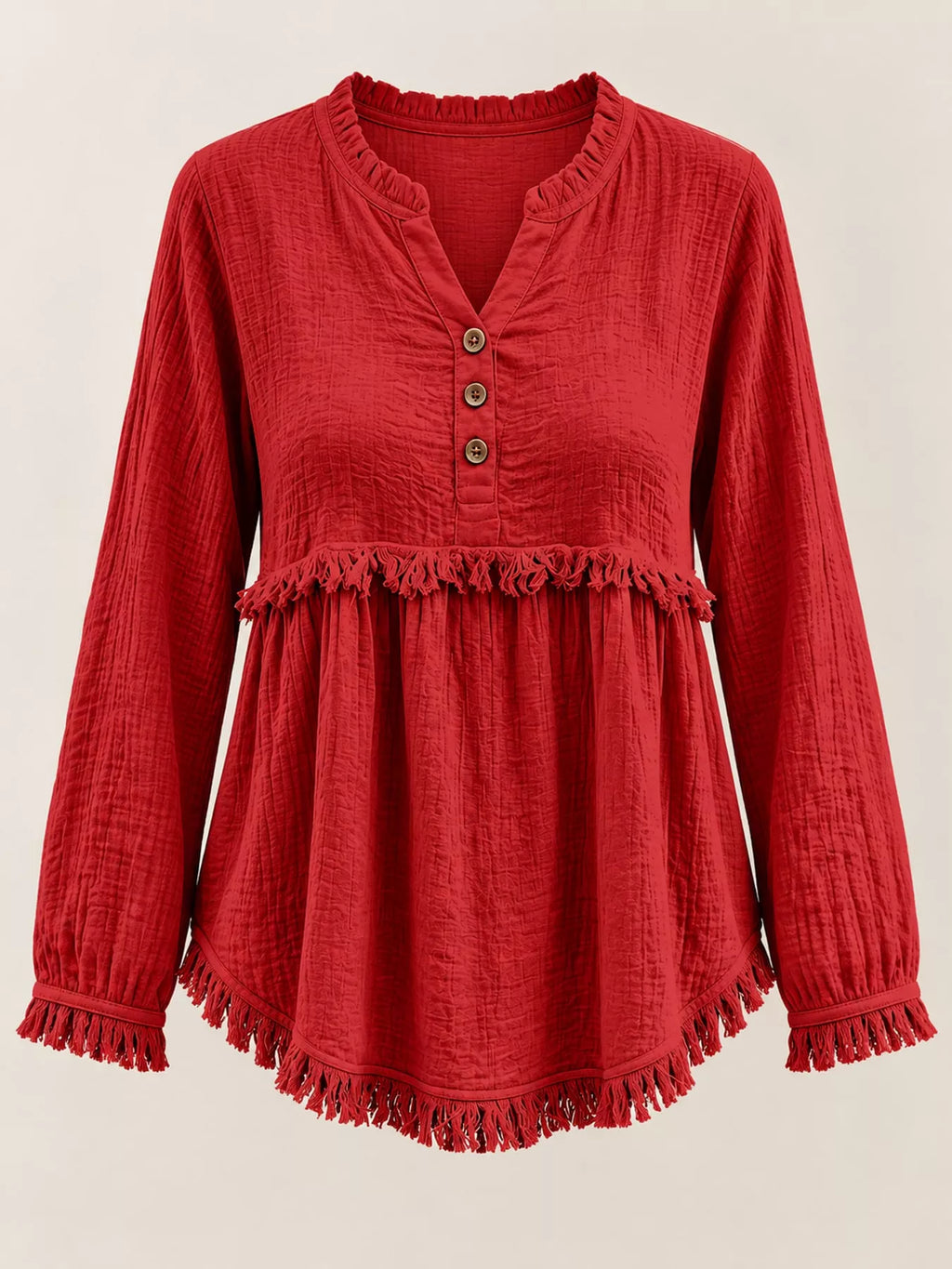 Full Size Frayed Hem Button Detail Blouse Plus (34)