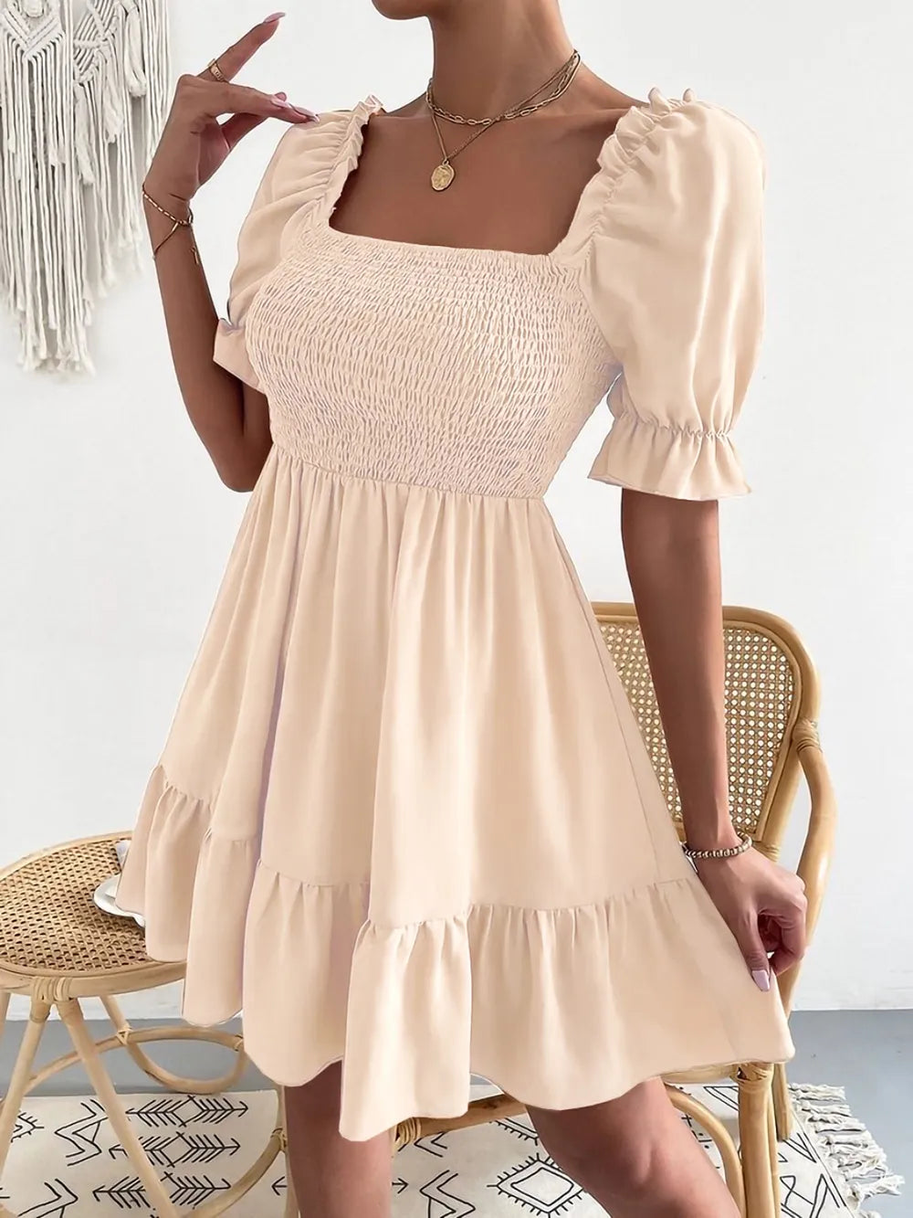Smocked Square Neck Short Sleeve Dress (8)