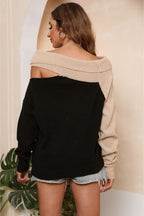 Asymmetrical Long Sleeve Two-tone Cutout Sweater (6)