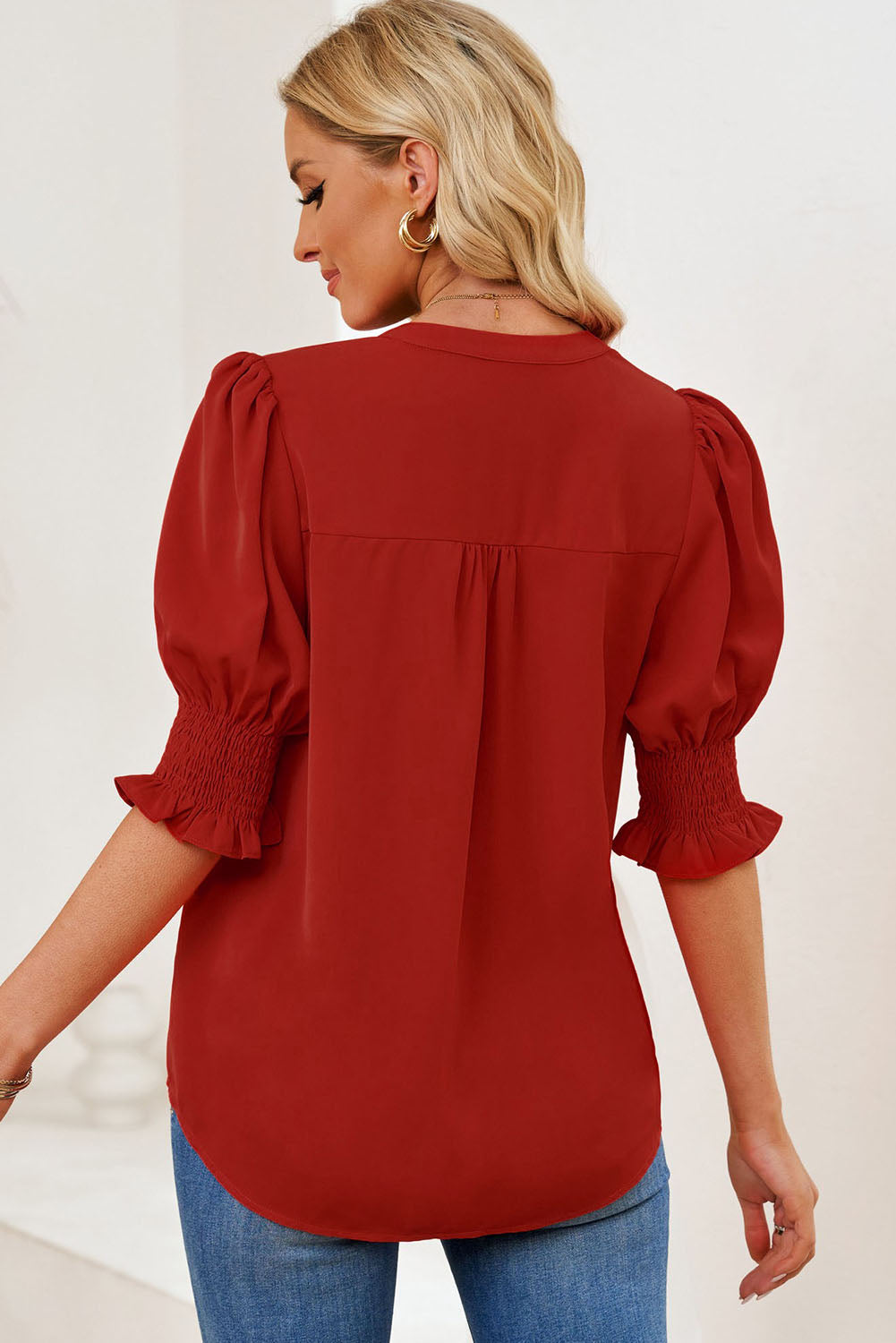 Smocked Flounce Sleeve Notched Neck Blouse (13)