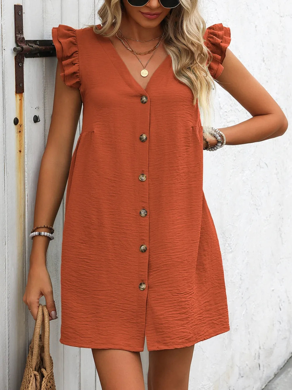 Button Up V-neck Cap Sleeve Mini Dress (4)