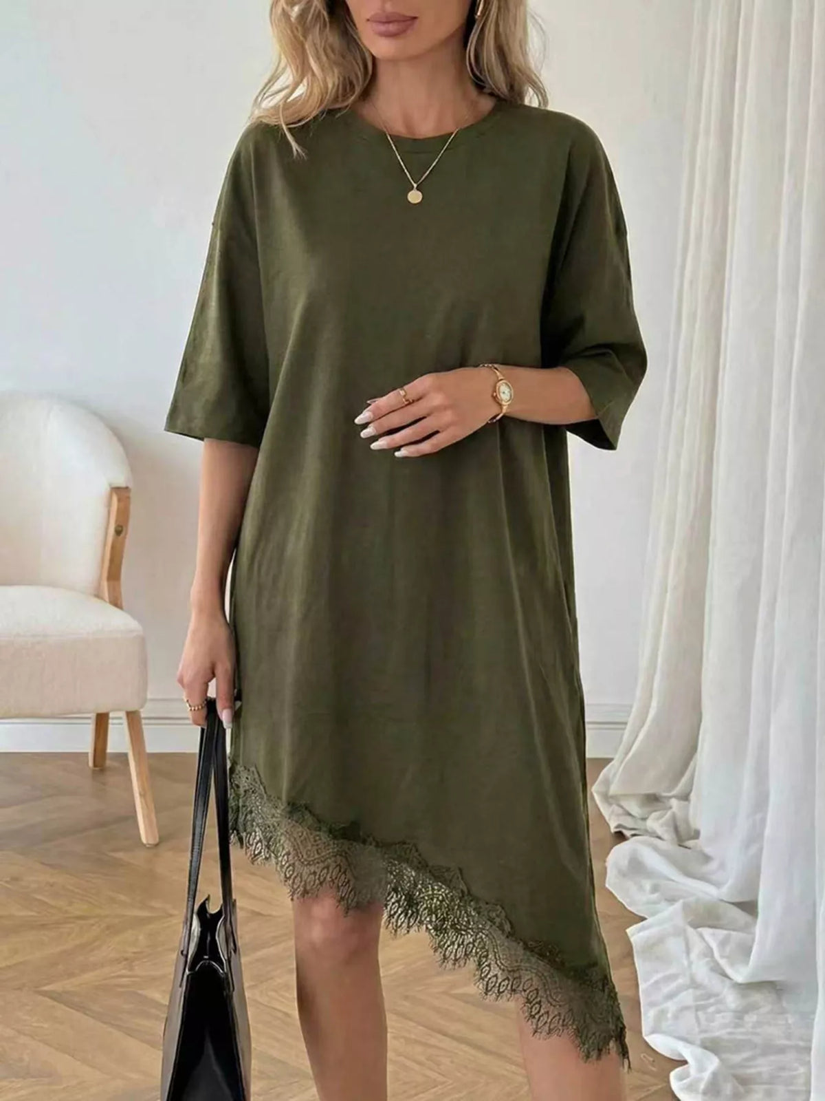 Lace Trim Asymmetrical Hem T-shirt Dress (12)