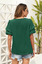 Swiss Dot V-neck Short Sleeve Blouse (13)