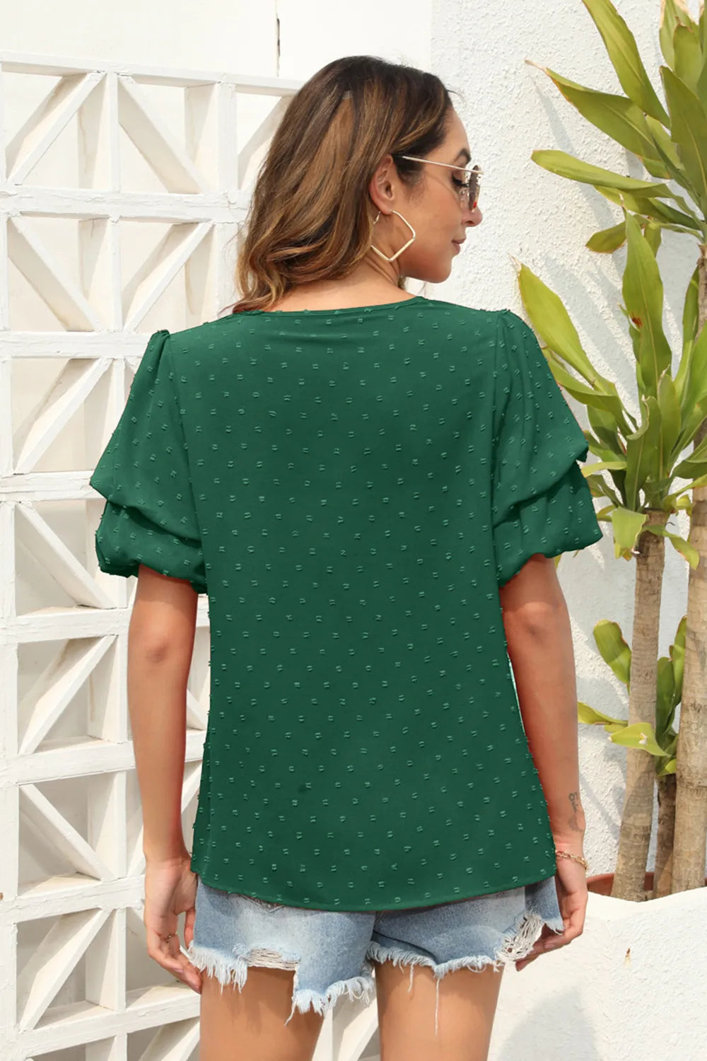 Swiss Dot V-neck Short Sleeve Blouse (13)