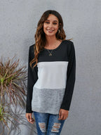 Block Round Neck Long Sleeve T-shirt