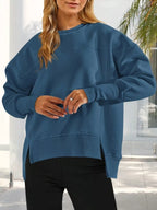 Slit Round Neck Dropped Shoulder Sweatshirt (9)