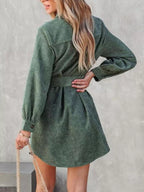 Button Front Belt Long Sleeve Corduroy Dress (15)