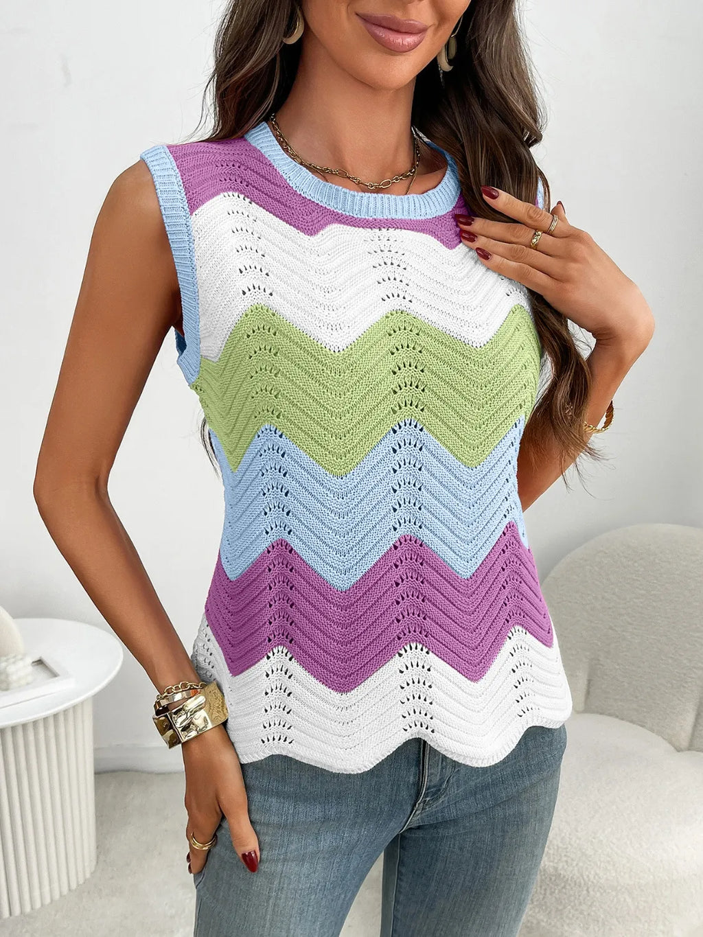 Block Round Neck Sweater Vest (14)