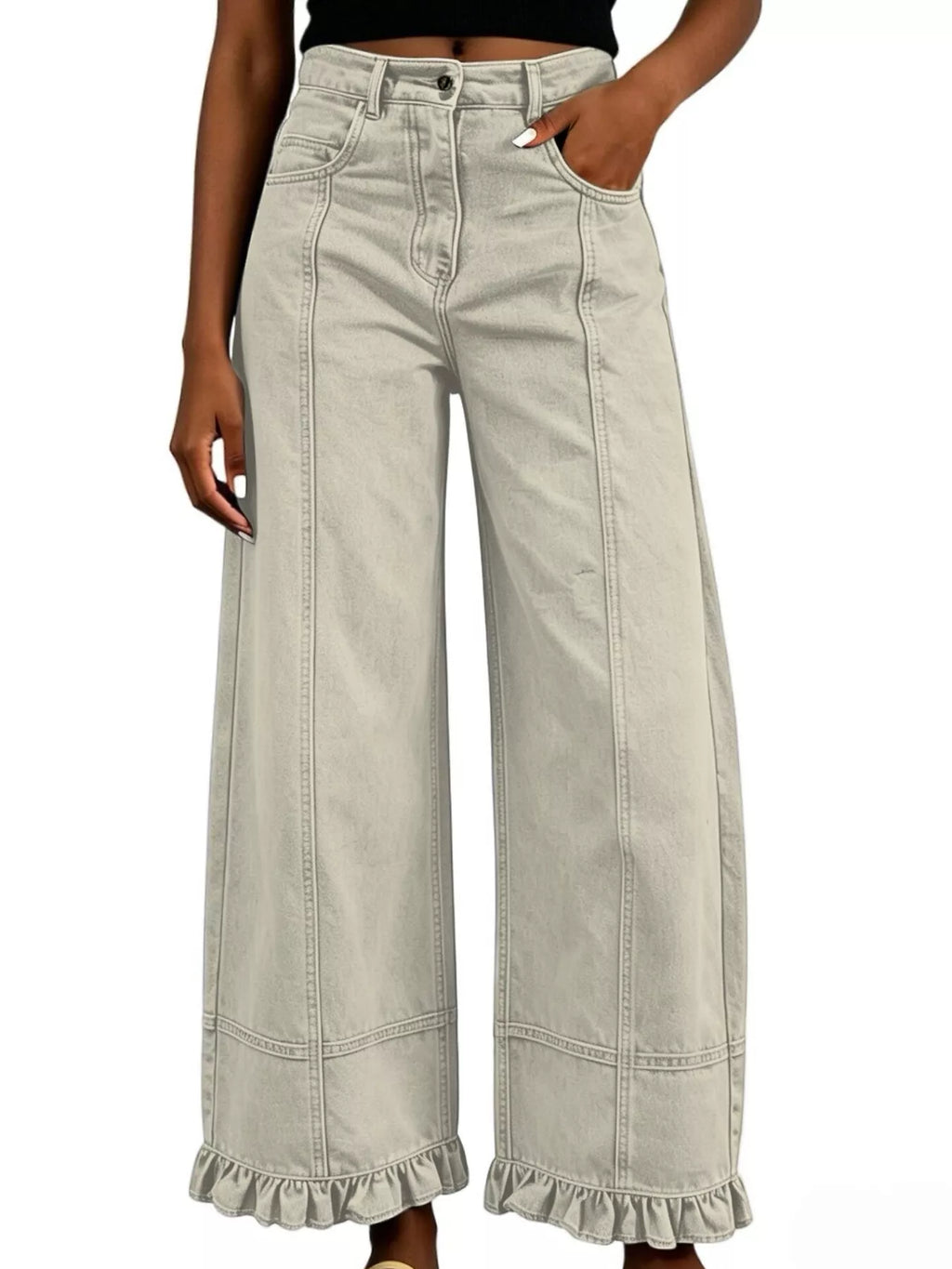 Full Size High-waisted Wide-leg Ruffled Hem Jeans Plus (18)