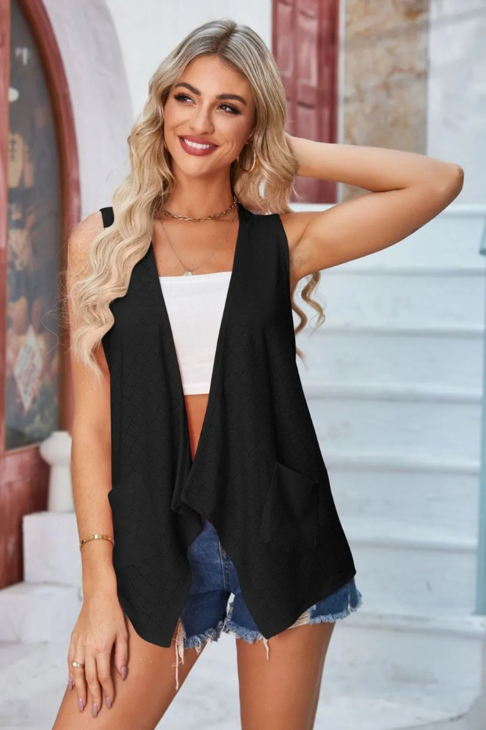 Eyelet Open Front Sleeveless Cardigan (6)