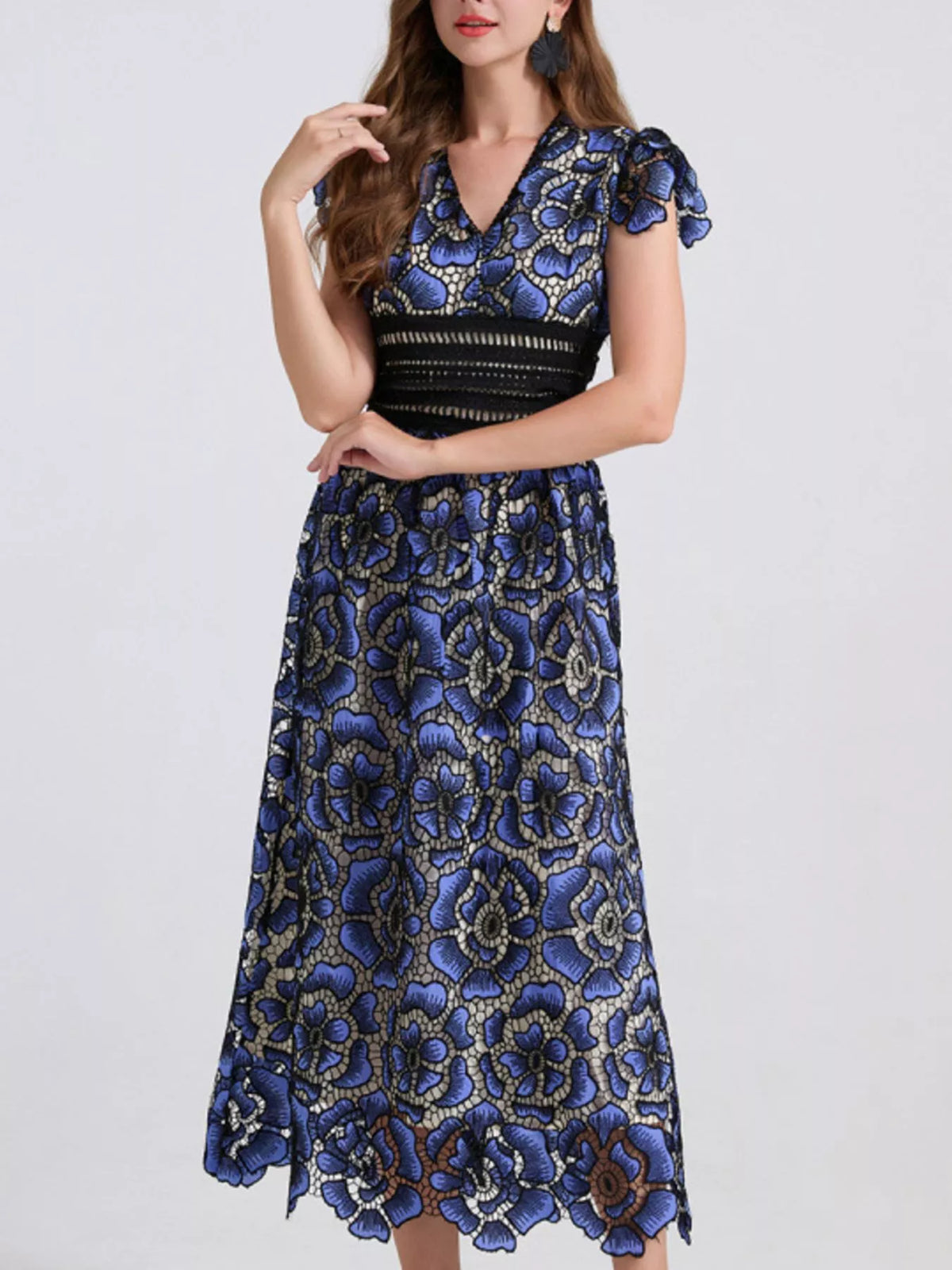 Printed V-neck Ruffle Sleeve Midi Dress (6)