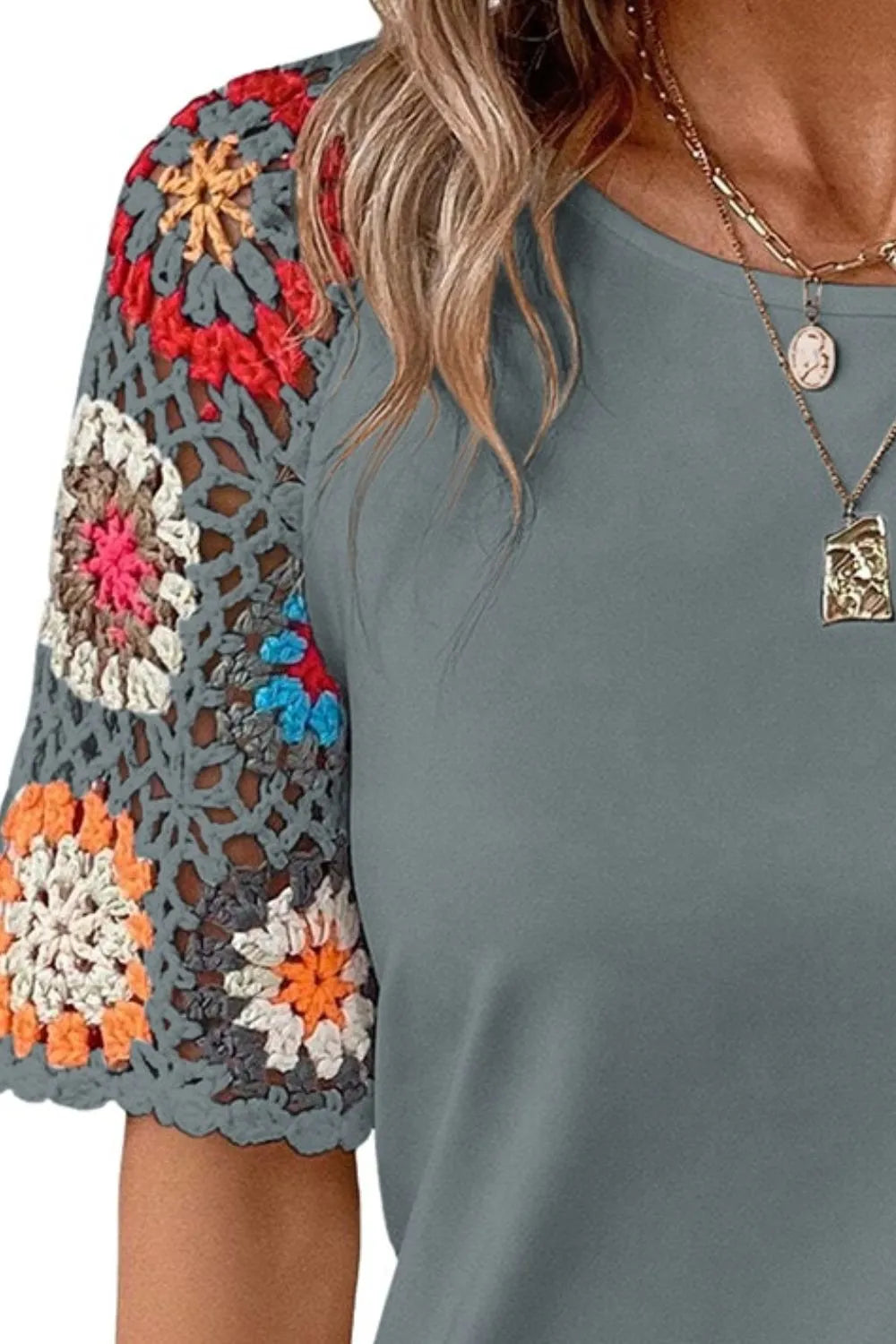 Geometric Round Neck Short Sleeve Blouse (6)