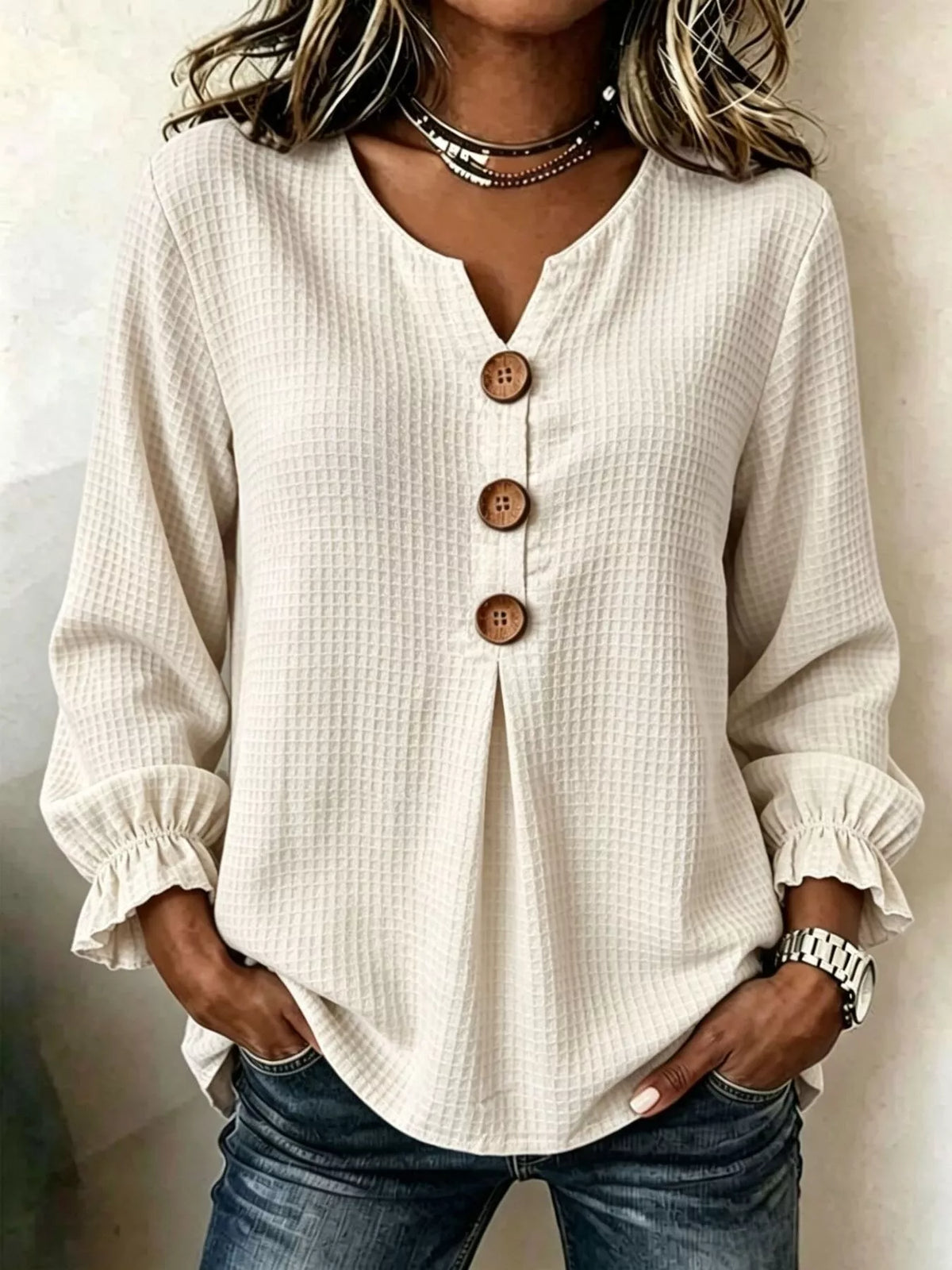 Waffle Knit Flounce Sleeve Top