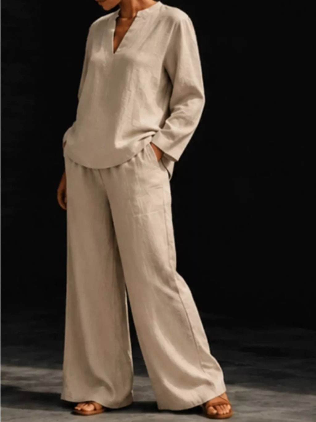 Notched Long Sleeve Top Pants Set (13)