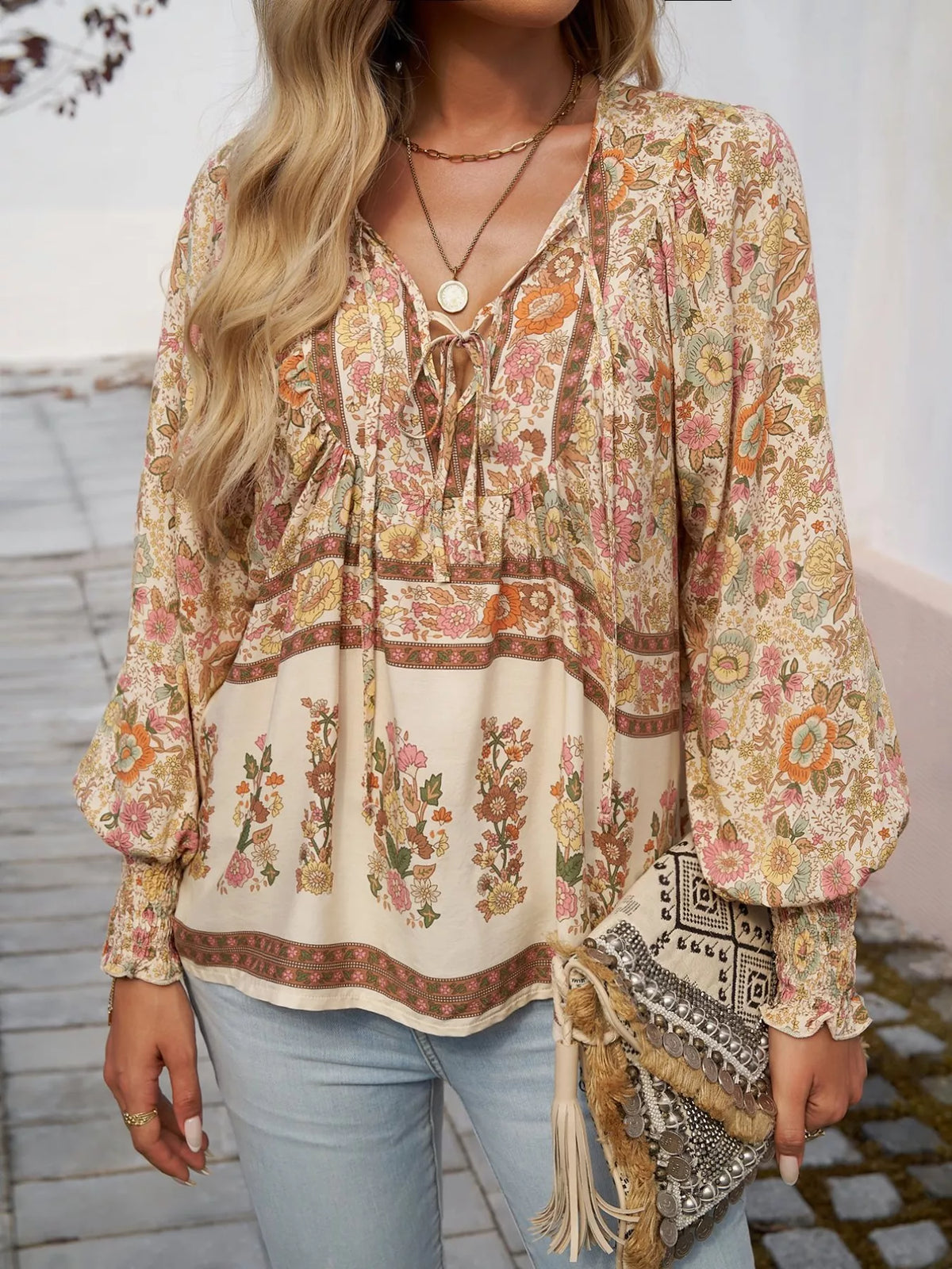 Floral Print Tie Neck Bohemian Blouse (14)