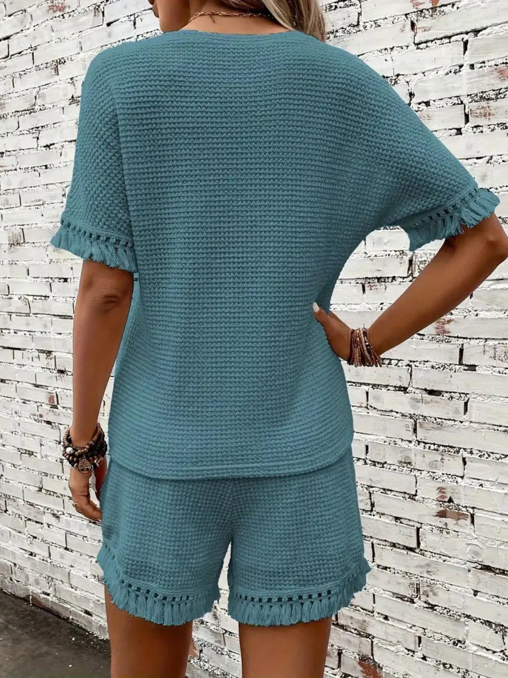 Tassel Round Neck Top Shorts Set (15)