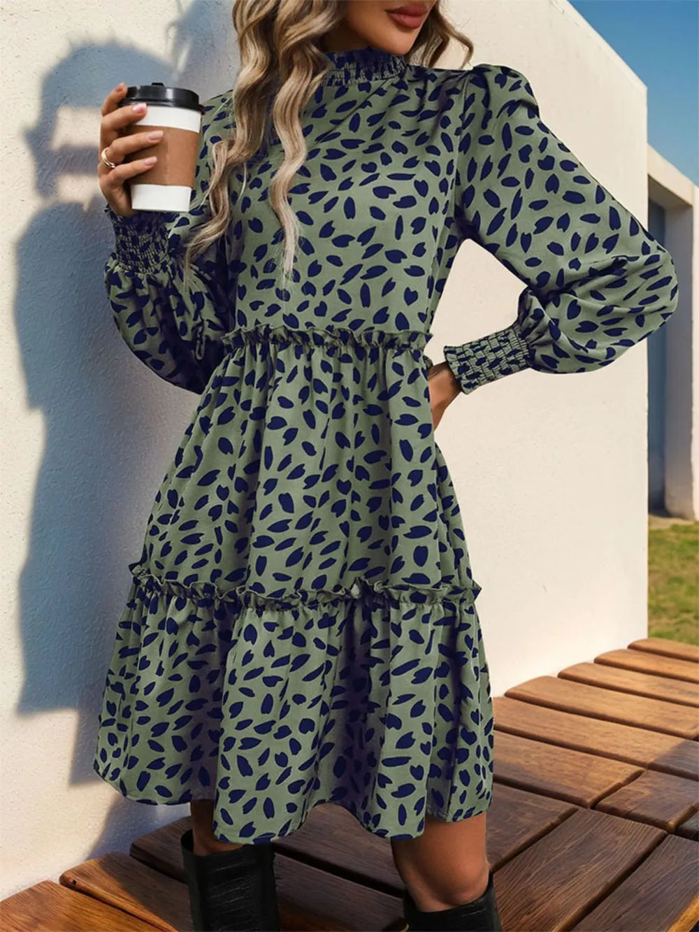 Frill Printed Mock Neck Long Sleeve Mini Dress (10)