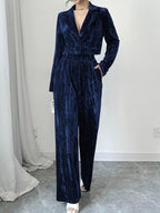 Pleated Velvet Blazer Wide Leg Pants Set