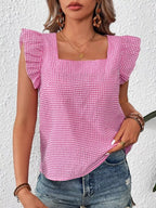 Gingham Ruffle Sleeve Square Neck Blouse (9)