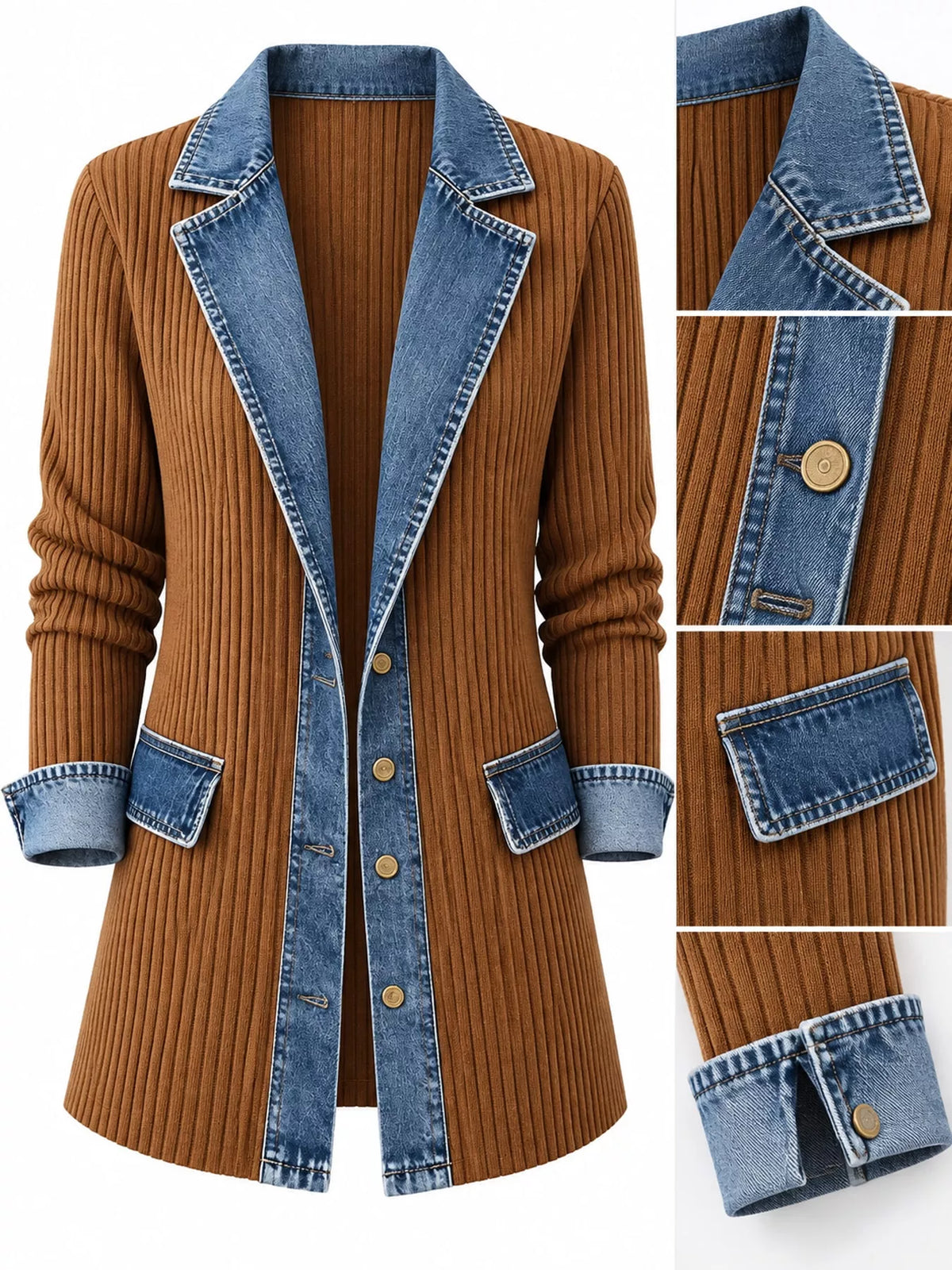 Full Size Denim Trim Ribbed Knit Cardigan Plus (12)