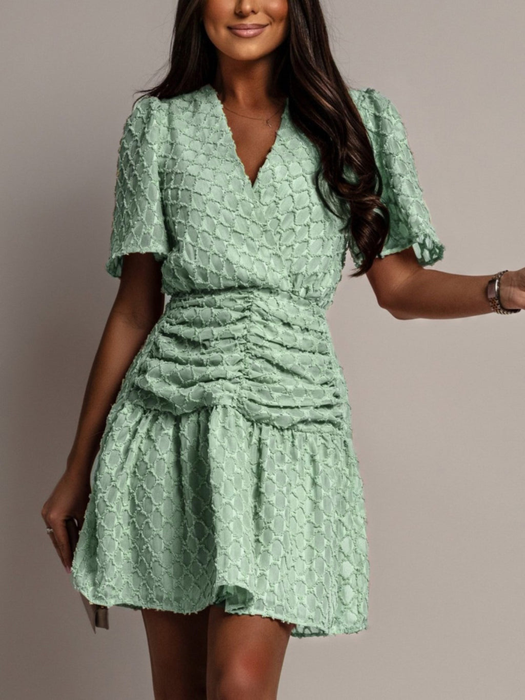 Textured Ruched Surplice Short Sleeve Dress (5)
