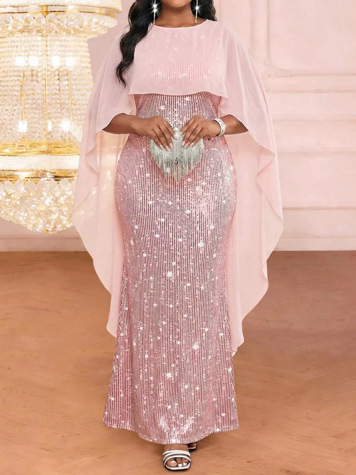Sequin Cape Overlay Evening Dress (3)