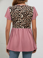 Leopard Round Neck Flutter Sleeve Babydoll Blouse (9)