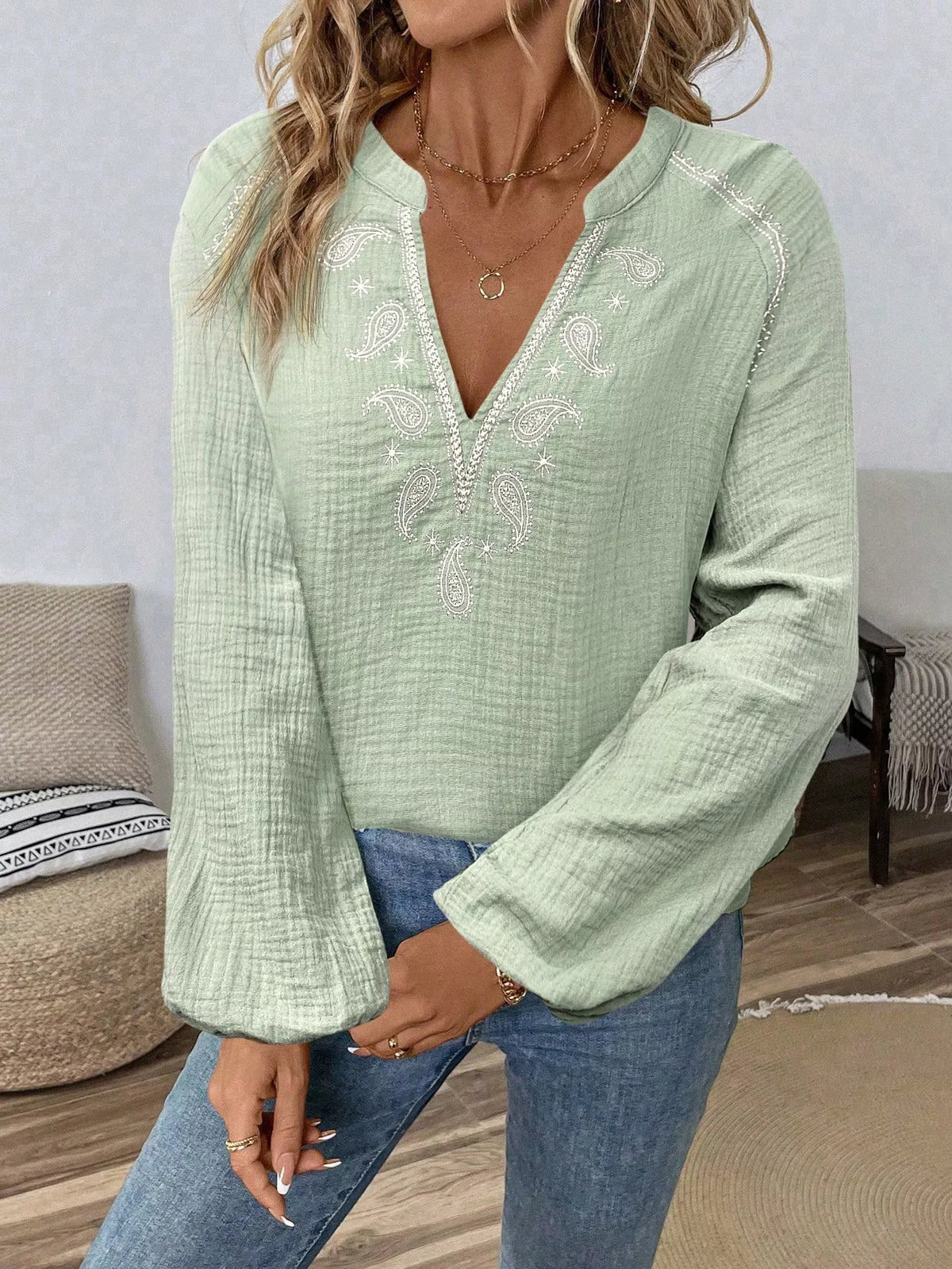 Paisley Notched Balloon Sleeve Blouse (22)