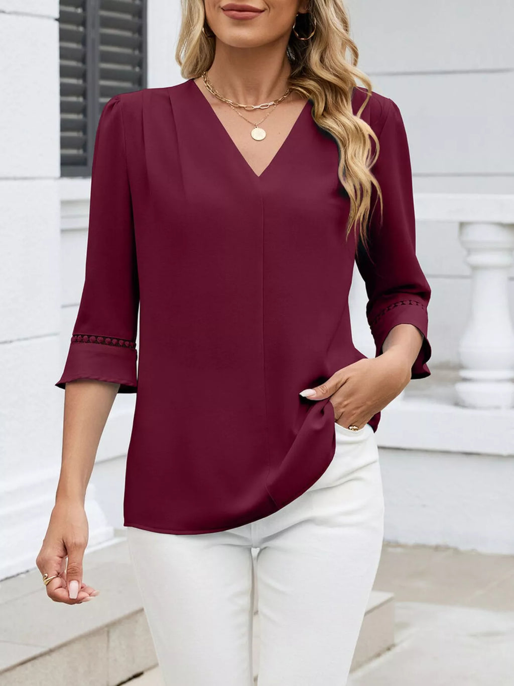 V-neck 3/4 Sleeve Blouse (5)